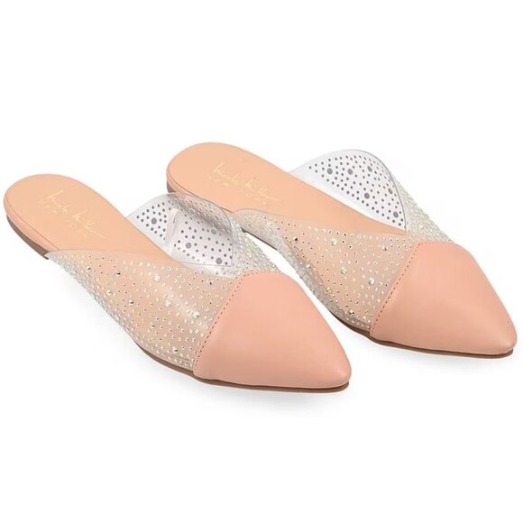 Nicole Miller ✦ Rhinestone Mule Flats ✦ Nude Sequin Pointed Toe Pull-On Style 7